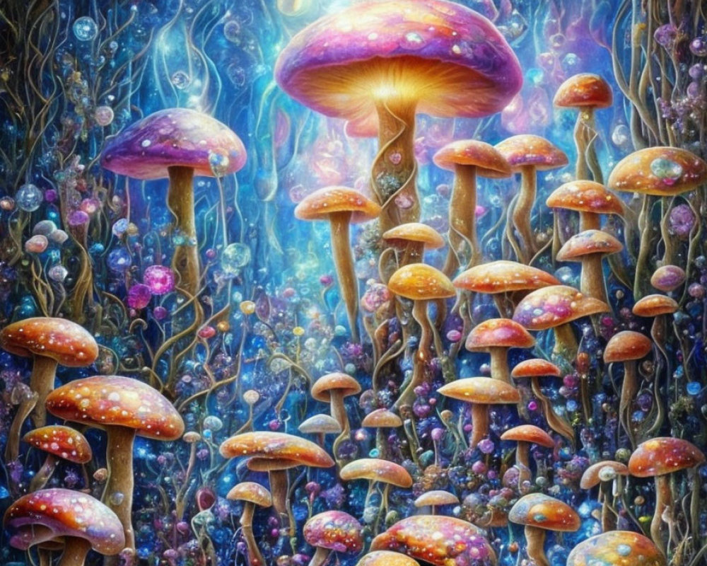 Colorful fantasy illustration: Glowing mushrooms in mystical forest