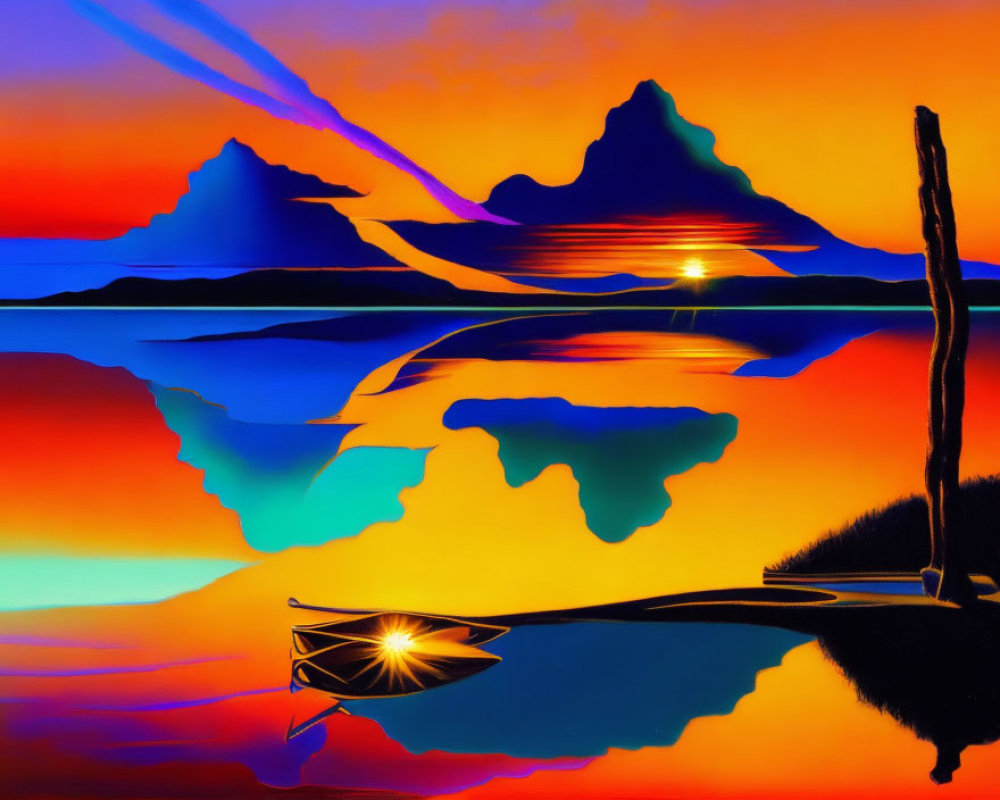 Colorful Surreal Landscape with Mirrored Mountains, Setting Sun, Reflective Water, and Solitary