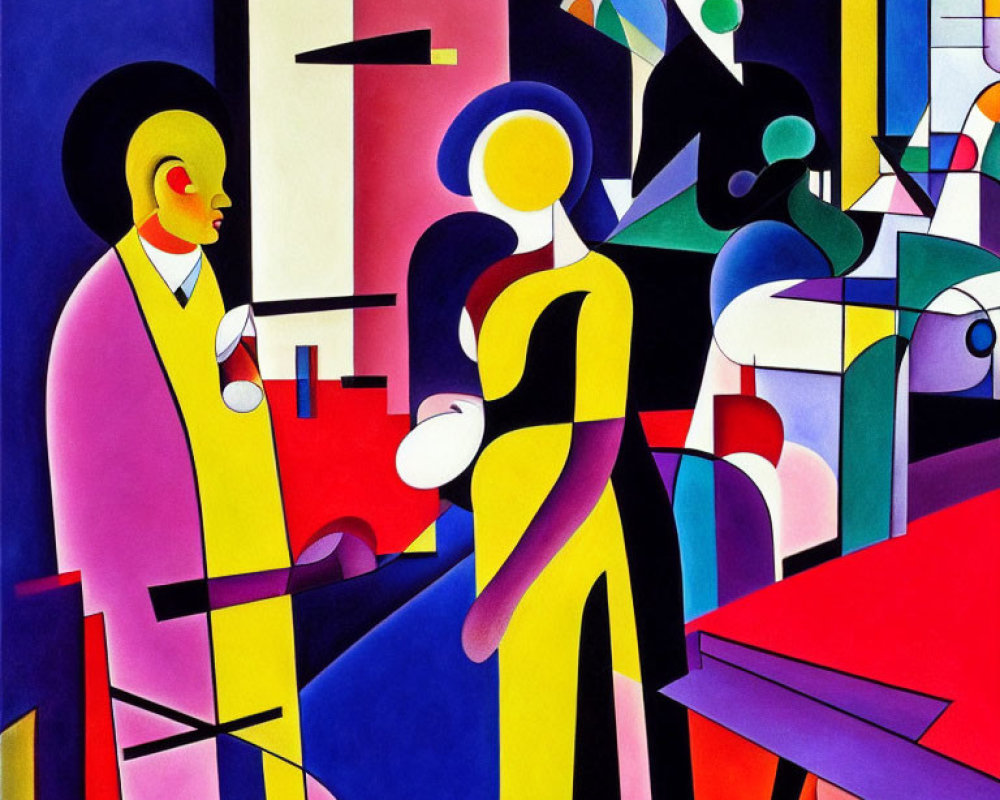 Vivid Cubist-inspired abstract painting with geometric human figures