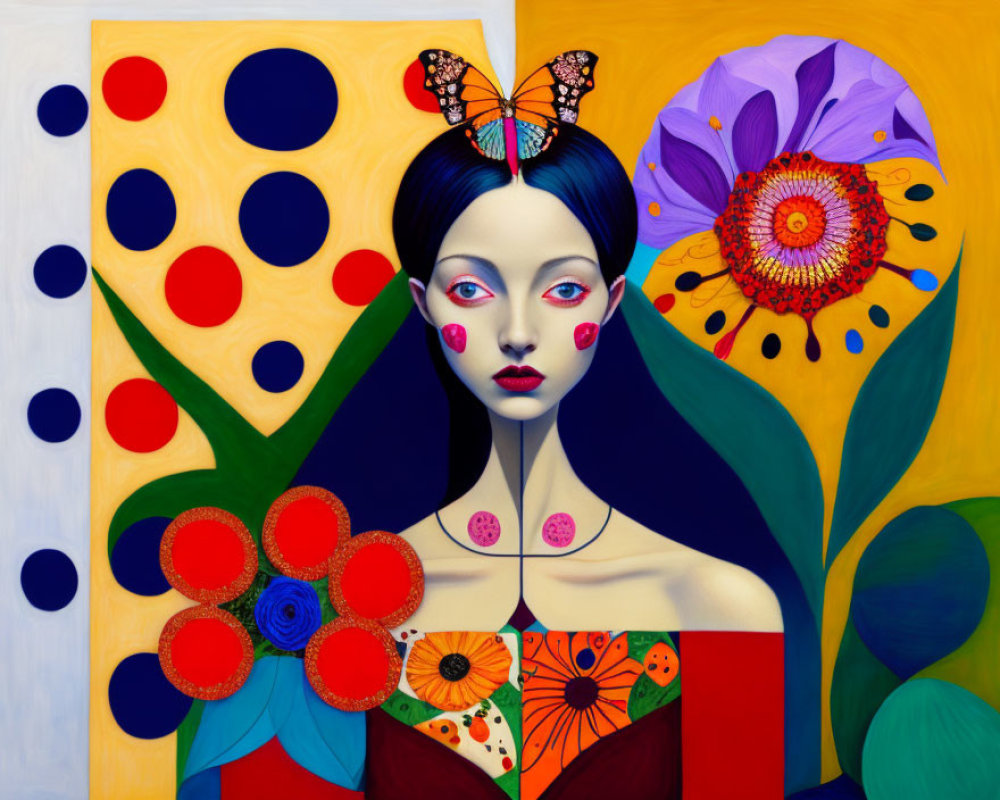 Colorful painting of woman with blue hair and butterfly, surrounded by floral and geometric patterns