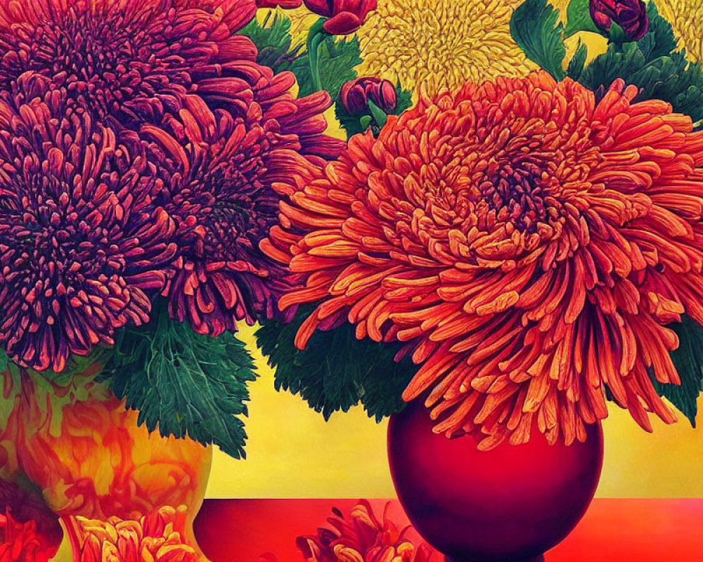 Colorful painting of oversized chrysanthemum flowers in red and purple hues on yellow backdrop