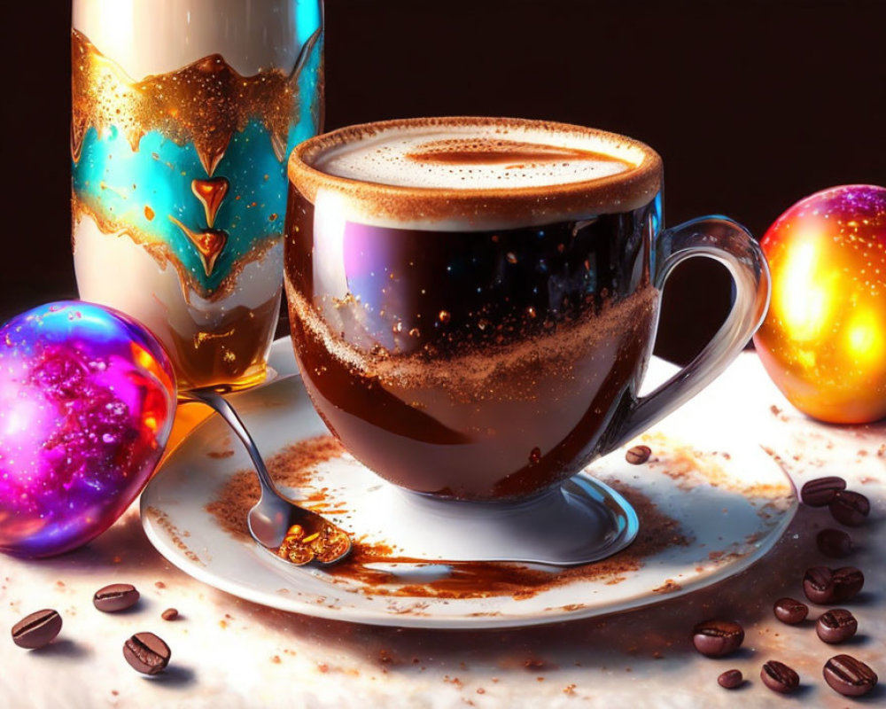 Steaming coffee cup with beans, spoon, and baubles on reflective surface