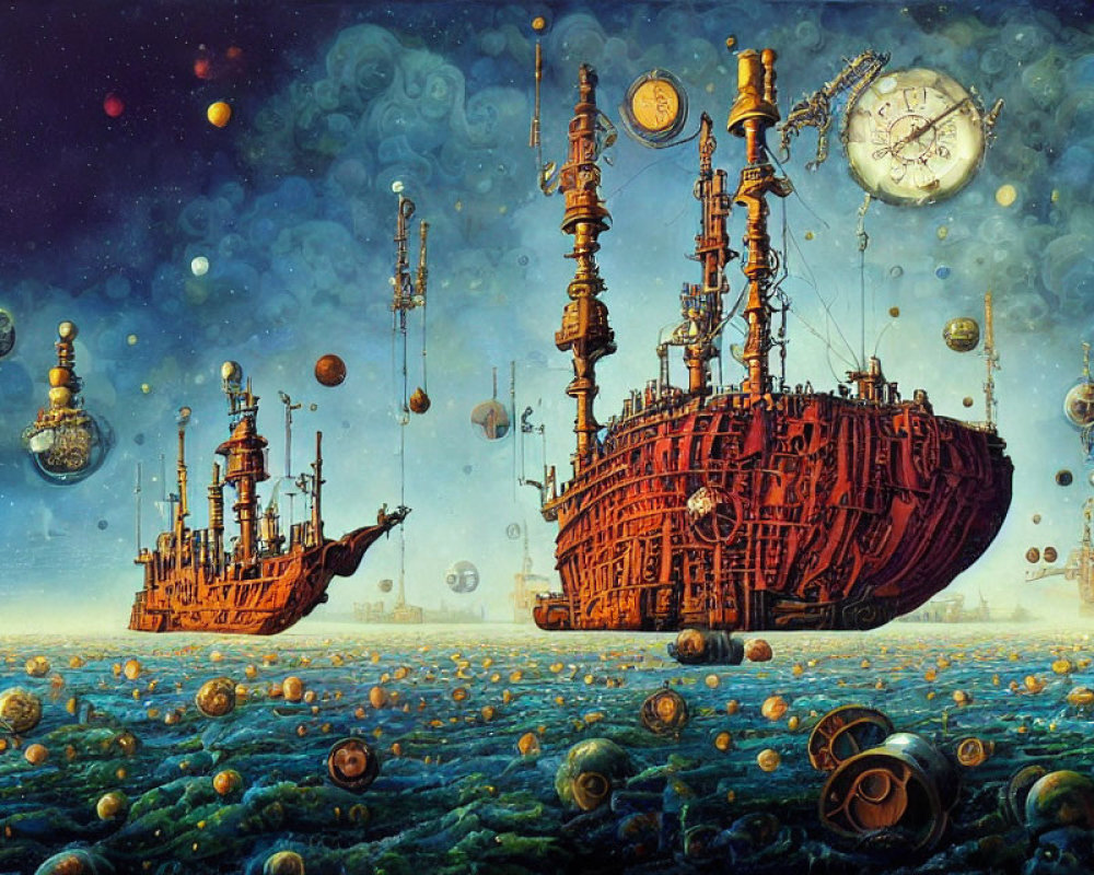Surreal Ship and Clock Artwork Floating Above Bubbly Sea