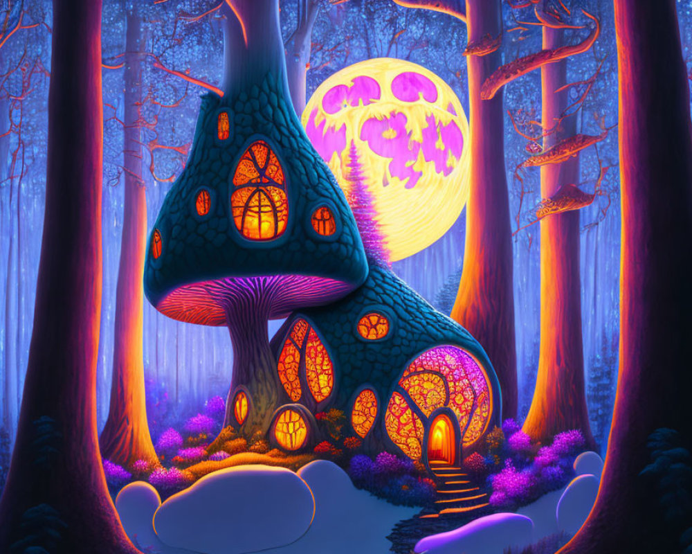 Mushroom-shaped house in purple forest under yellow moon