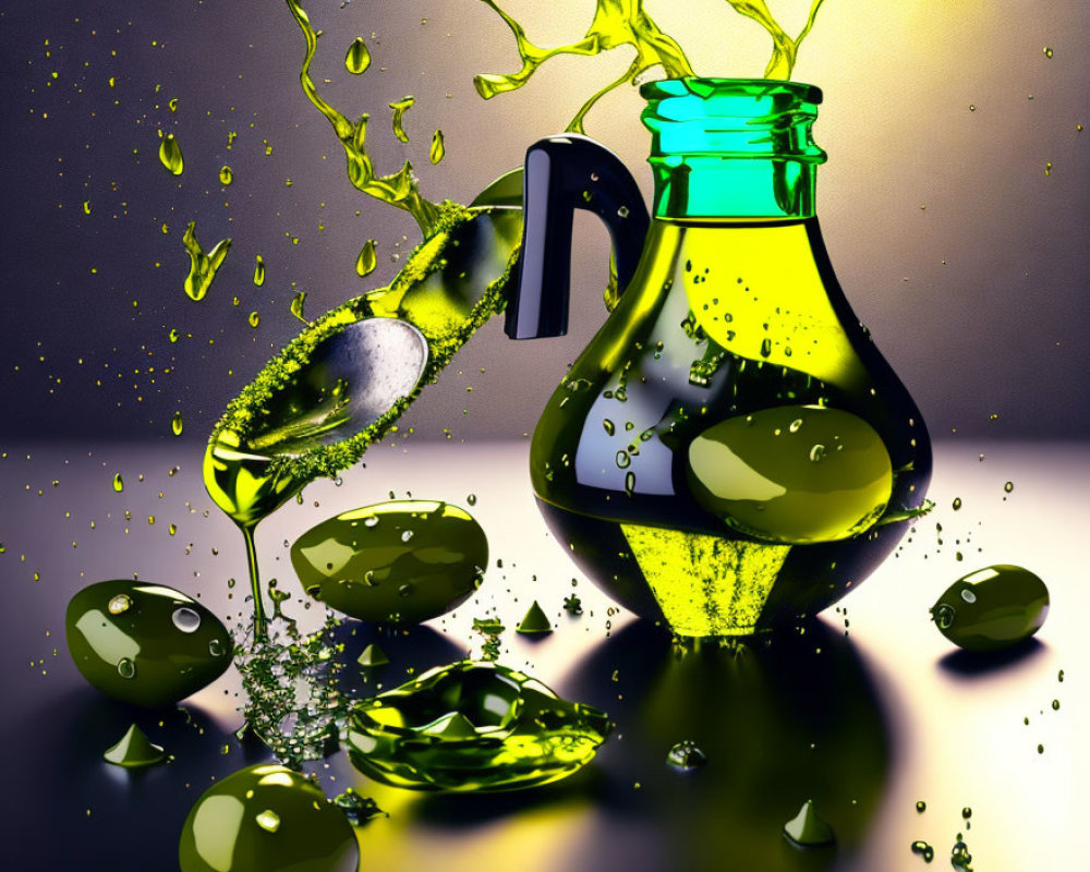 Colorful Image: Olive oil pouring from jug with splashes and olives on purple-yellow gradient.