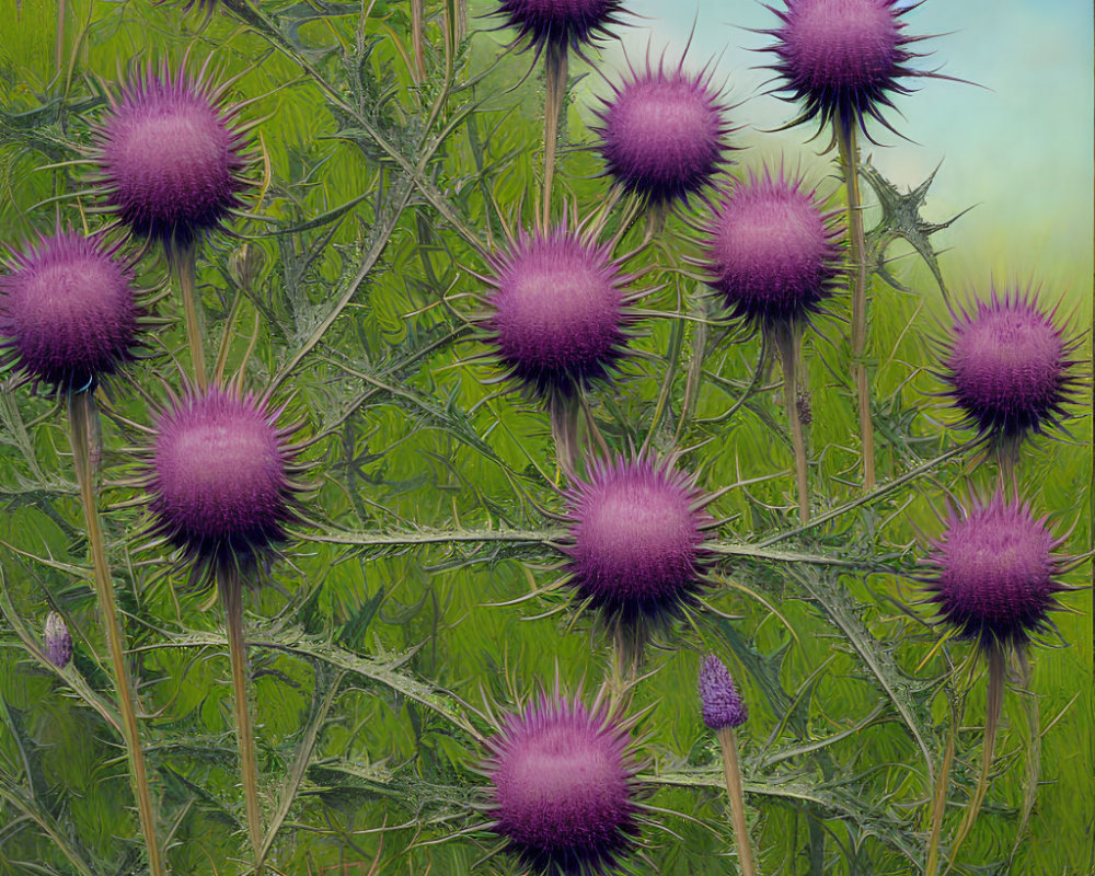 Purple spiky thistle plant with green leaves on blue background