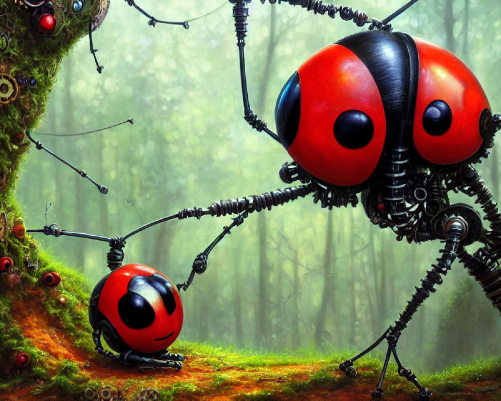 Digital artwork featuring two stylized robotic ladybugs in a fantastical forest
