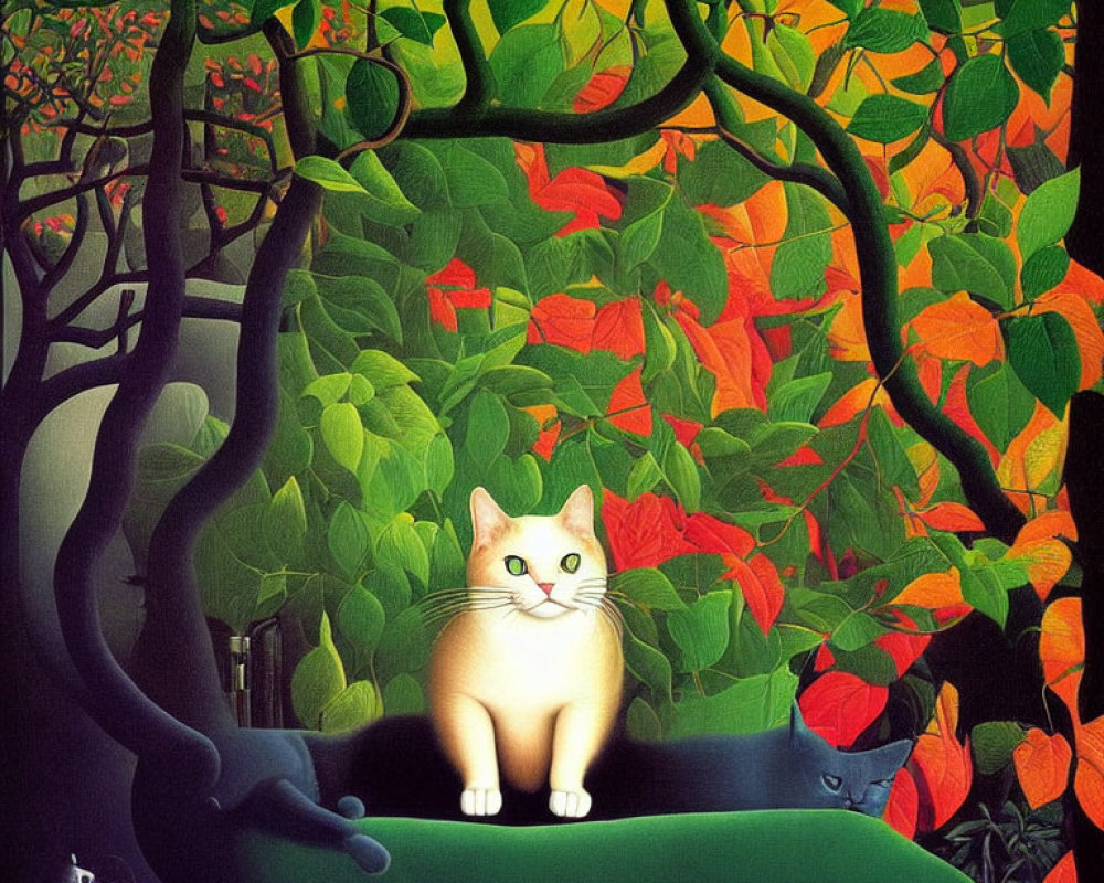 Surreal painting of cat on branch with glowing eyes in vibrant foliage