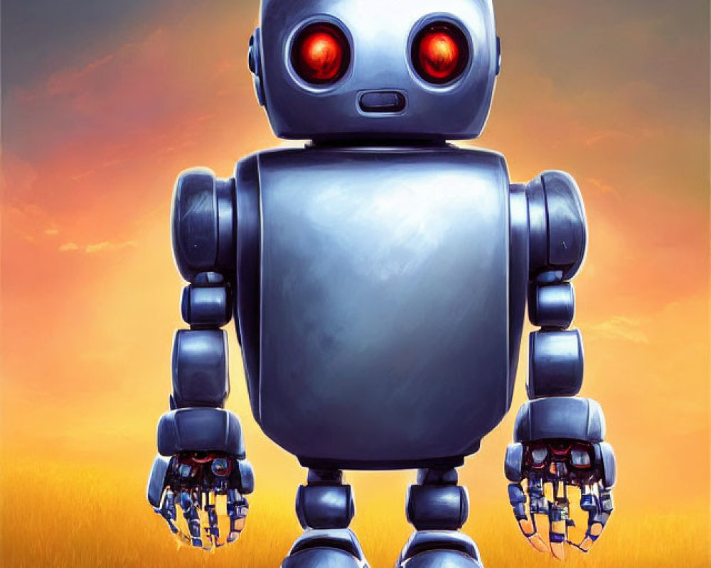 Stylized robot illustration with boxy body and glowing red eyes