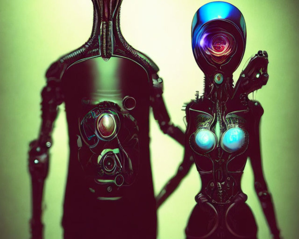 Stylized robots with intricate designs on greenish backdrop