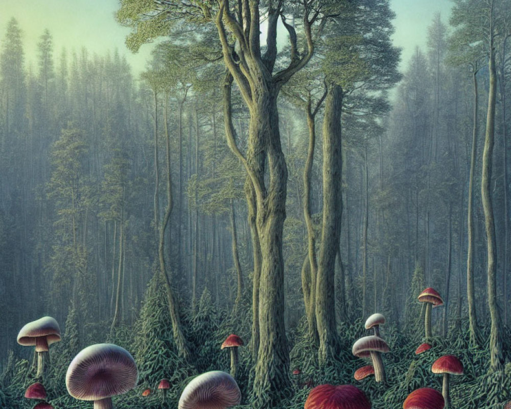 Ethereal forest scene with dominant tree, vibrant red mushrooms