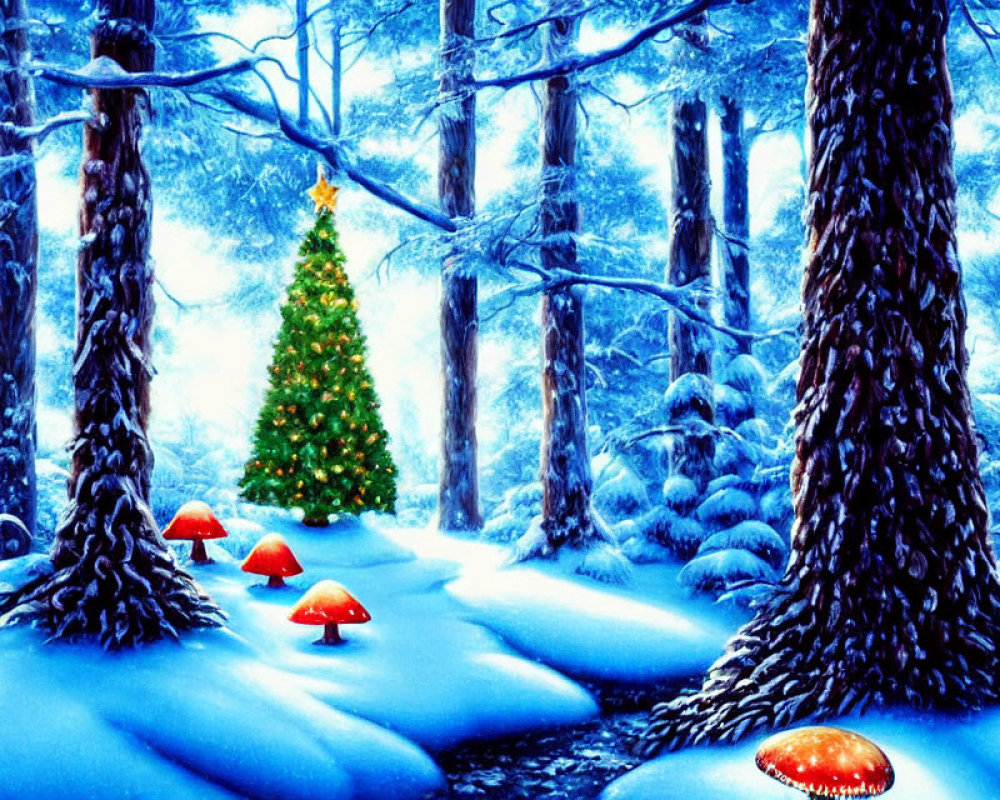 Enchanted winter forest with Christmas tree and magical snowy scene