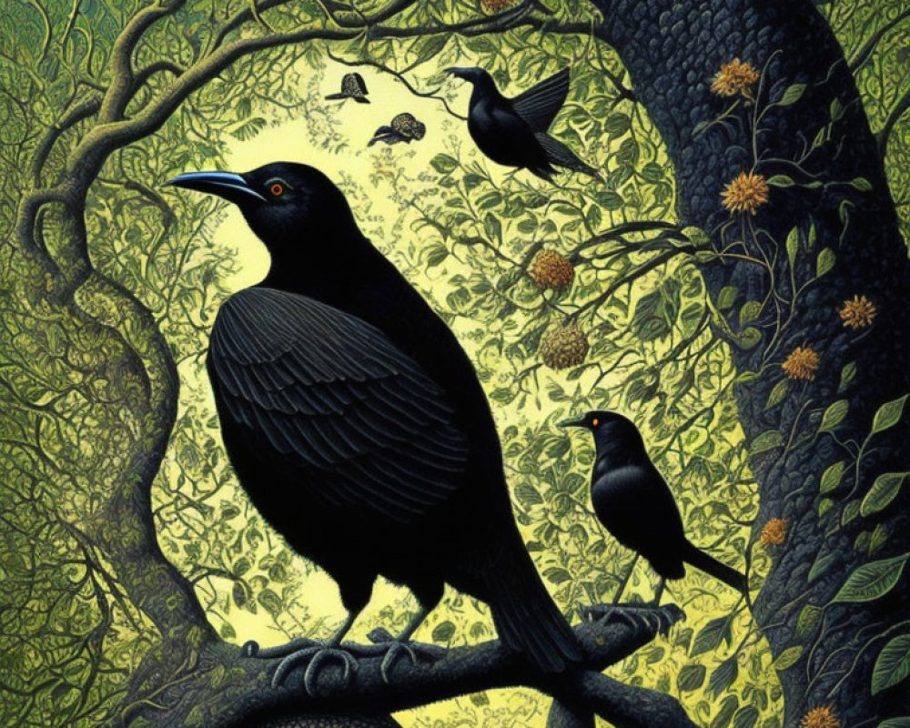 Detailed Illustration: Three Black Birds in Green Foliage with Hidden Faces and Butterflies