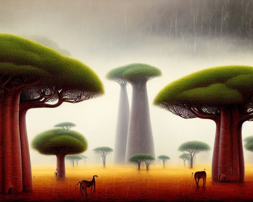 Rain-soaked savanna with baobab trees and giraffes in lush landscape