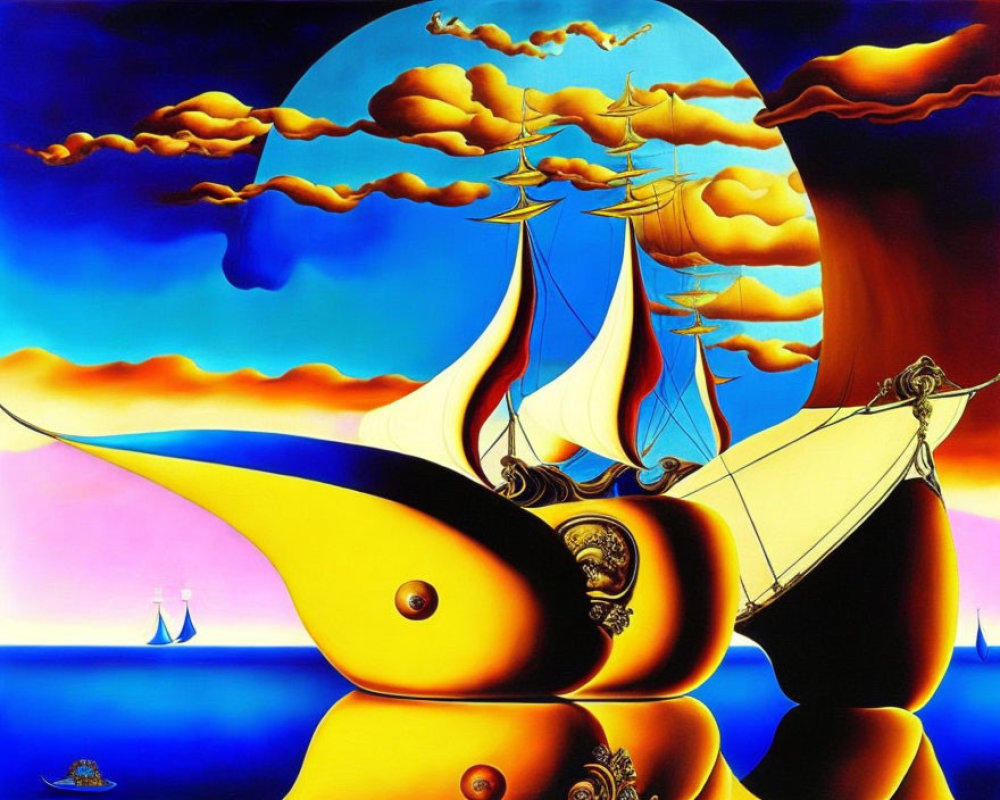 Abstract surrealistic painting of ship with billowing sails on yellow and black waves under orange sky.