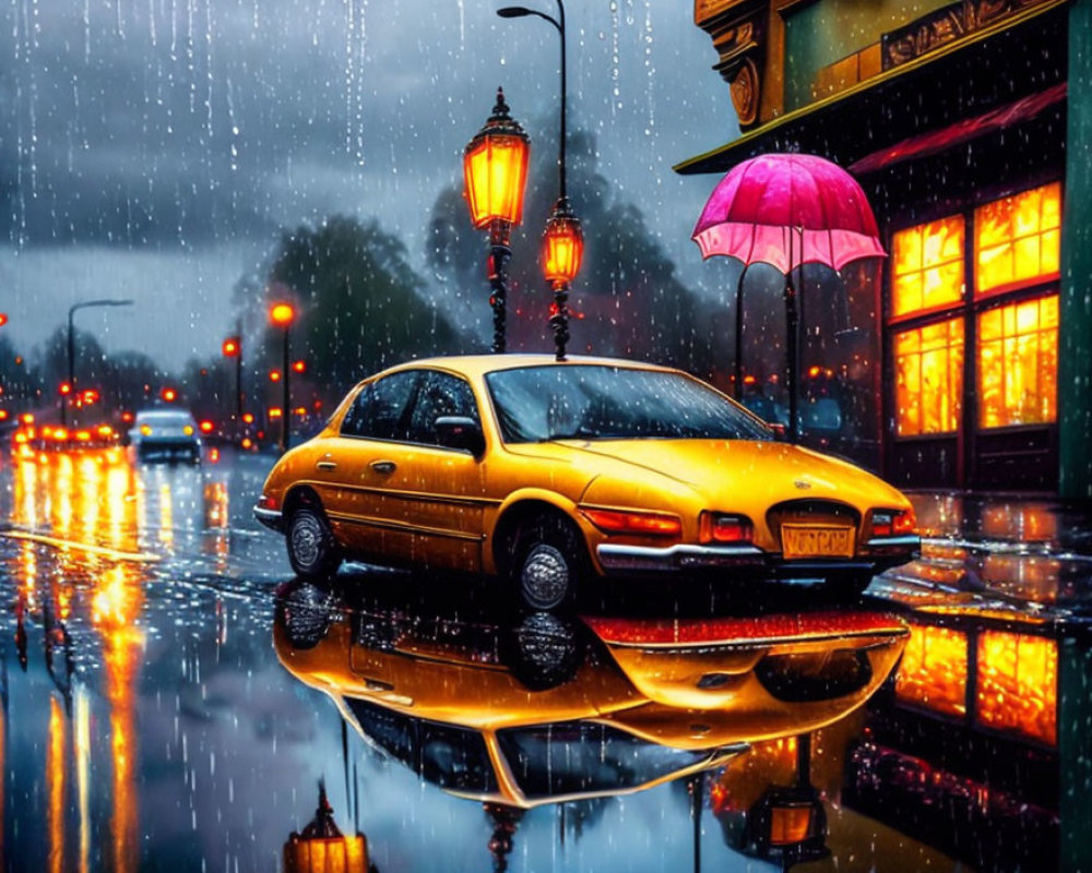 Yellow Car Parked on Wet Street at Dusk with Person and Pink Umbrella