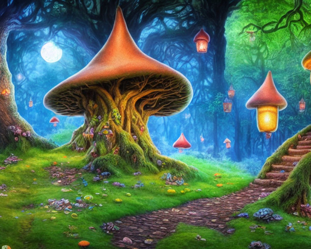 Enchanting forest scene with giant mushroom tree, lanterns, moonlit sky, and stone staircase