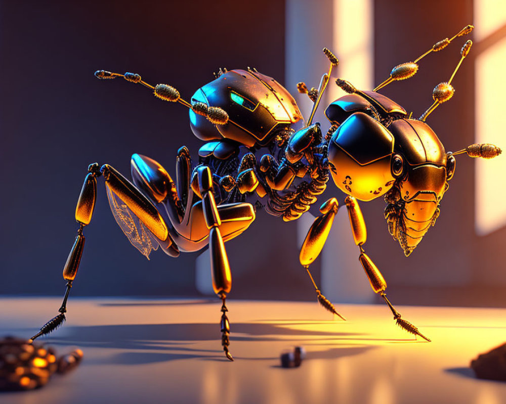 Detailed 3D Rendering of Golden and Black Mechanical Ant