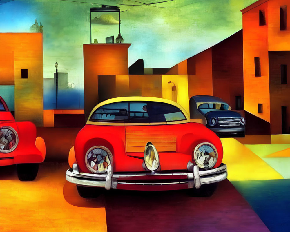 Colorful Artwork of Vintage Cars on Geometric Street with Surreal Architecture