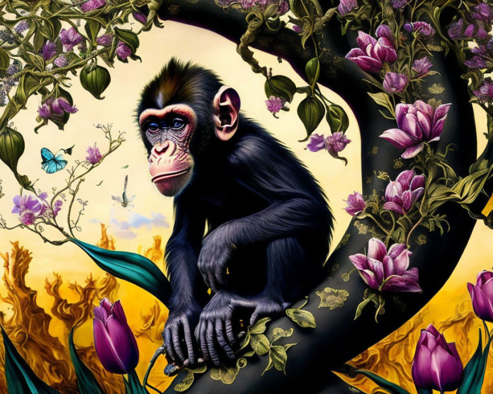 Contemplative chimpanzee surrounded by purple flowers and fire scene