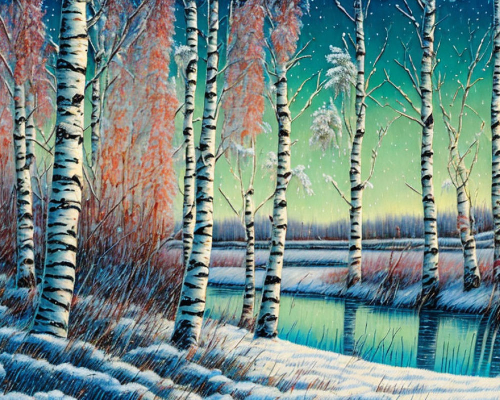Winter landscape with white birch trees and icy blue river at dusk