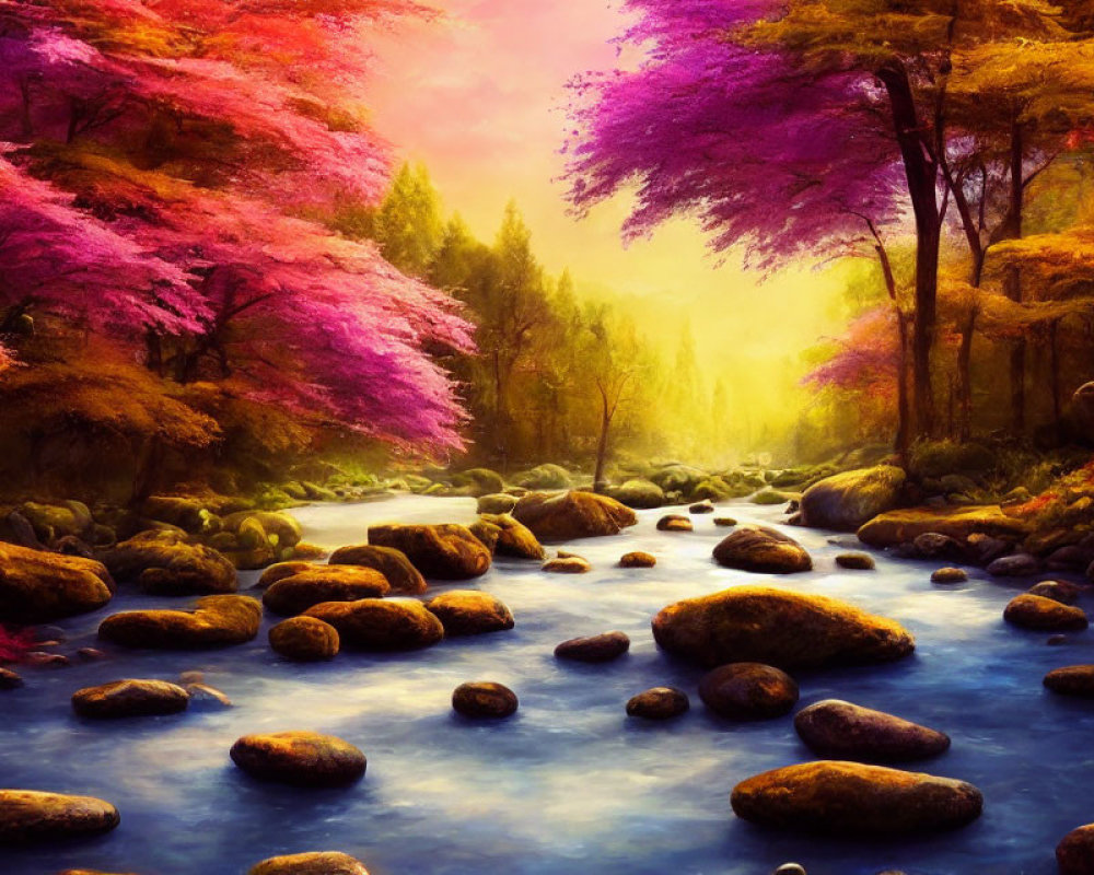 Tranquil river in vibrant autumn forest scene