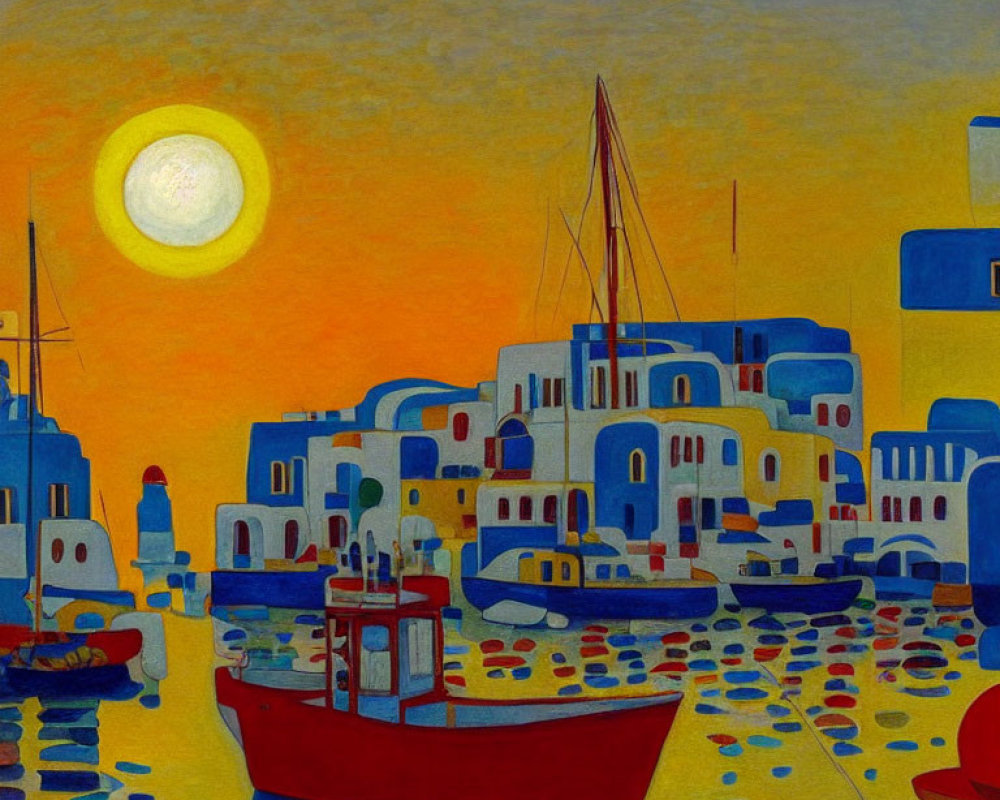 Colorful coastal village painting at sunset with boats, multicolored buildings, and yellow sky.