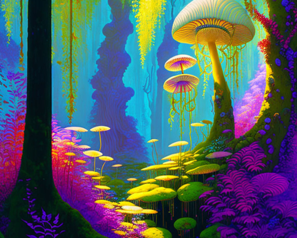 Fantasy forest with oversized mushrooms and colorful foliage