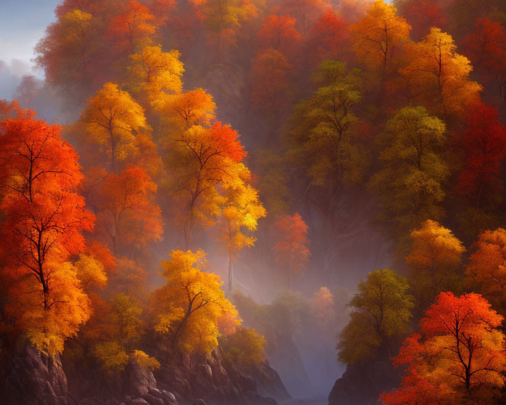 Vibrant Autumn Forest with Red, Orange, and Yellow Leaves by Rocky Riverbed
