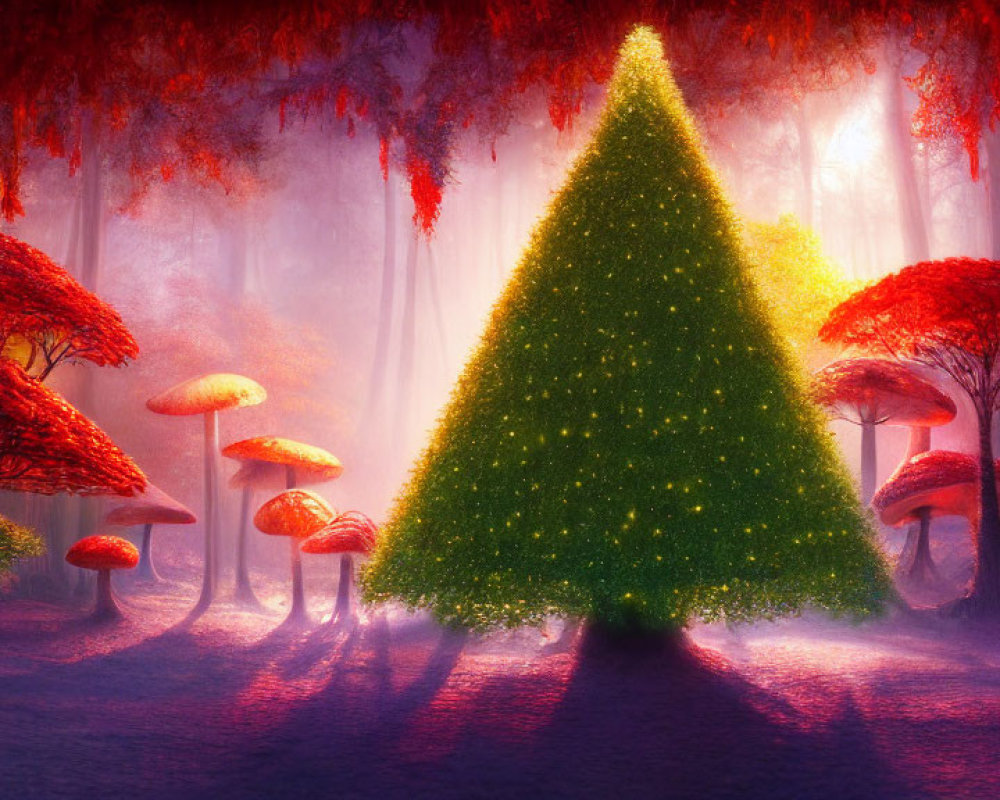 Decorated Christmas tree in enchanted forest with oversized mushrooms and purple haze