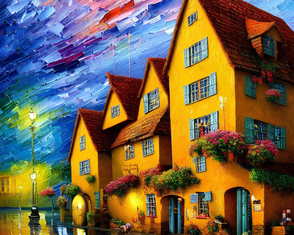 Colorful painting of yellow old-world houses with flowering window boxes under a textured sky, reflecting on wet