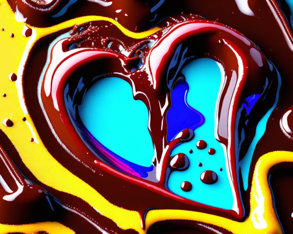 Colorful abstract digital artwork: Glossy heart with flowing blue, yellow, and red hues