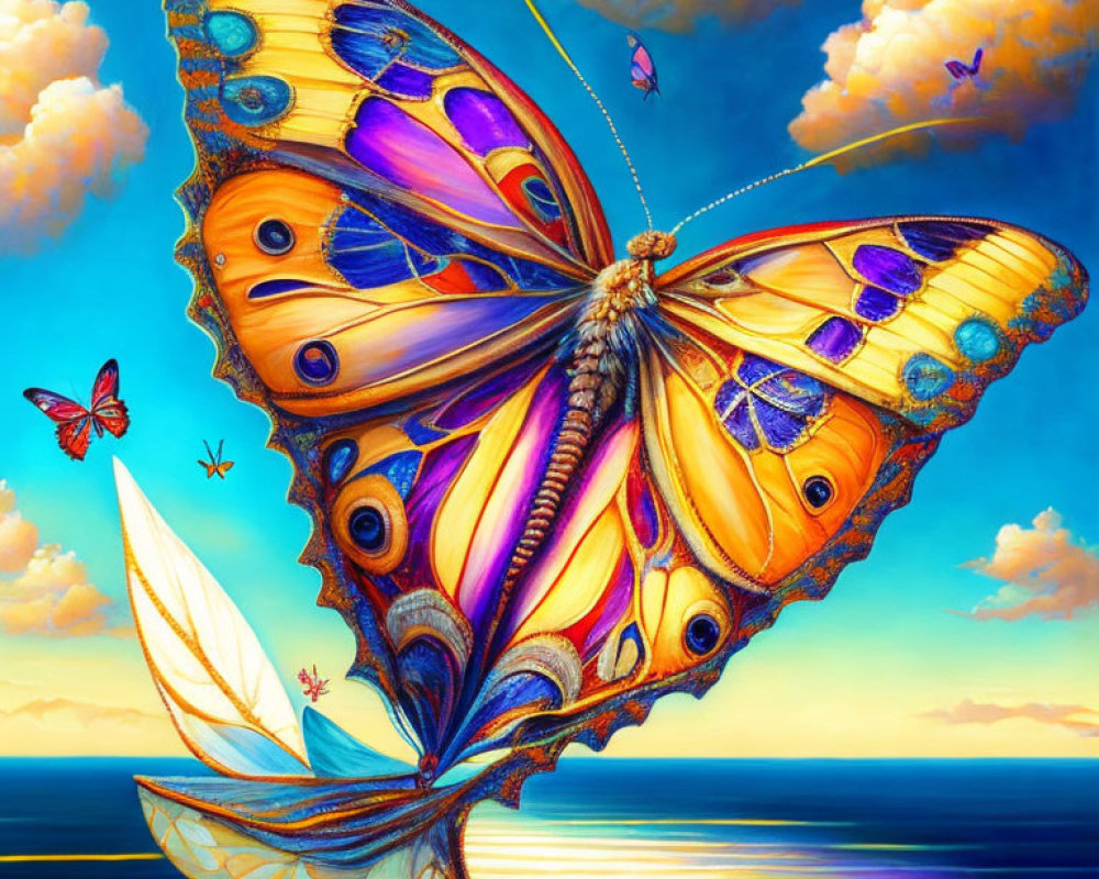 Colorful Butterfly Artwork with Sunset Water Scene
