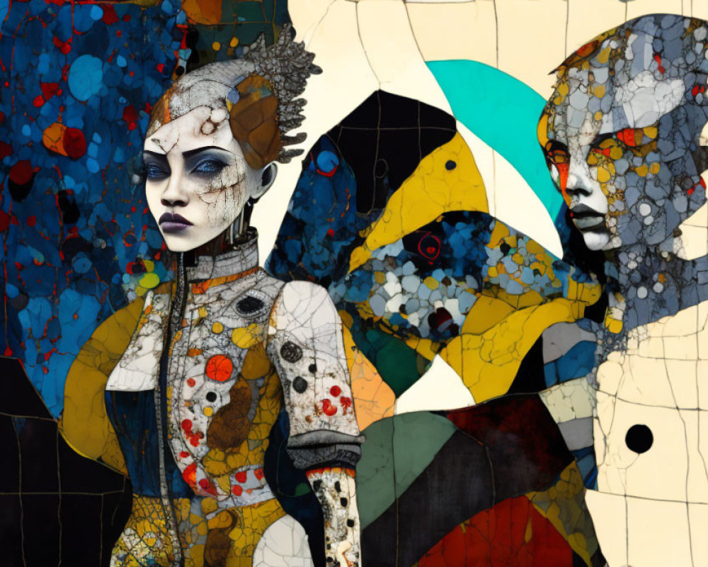 Colorful digital artwork of stylized female figures with abstract patterns