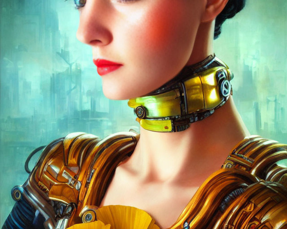 Portrait of woman with cybernetic body, yellow flowers, and futuristic headset against cityscape.