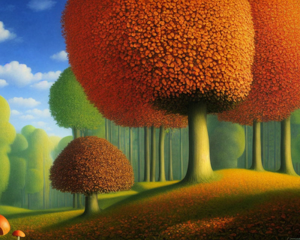 Colorful painting of whimsical trees and mushrooms under blue sky