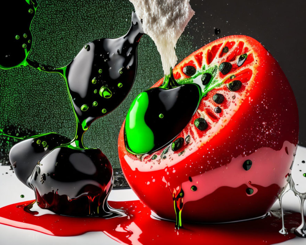 Colorful sliced tomato with black and green liquid pouring over it
