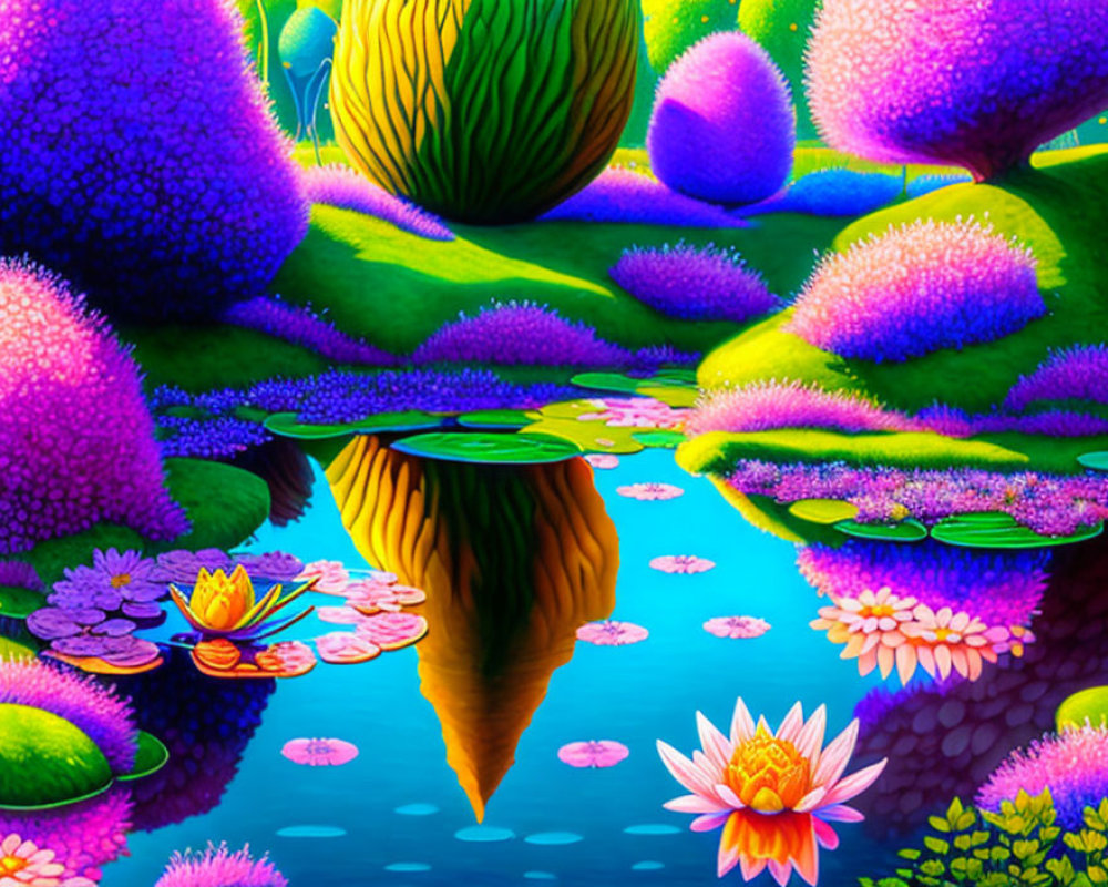 Colorful digital artwork: Fantastical landscape with purple trees & reflective water