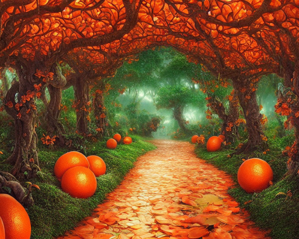 Orange Foliage Forest Path with Fruit and Misty Archway
