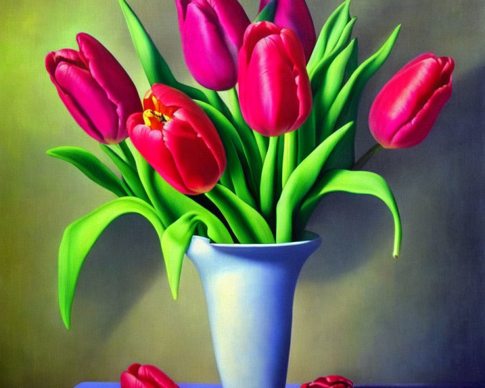 Colorful painting: Red tulip bouquet in blue vase with fallen petal