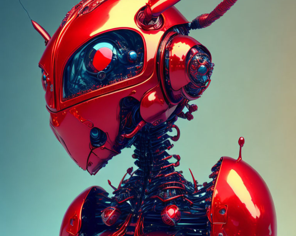 Red robotic insect with glossy carapace and mechanical parts