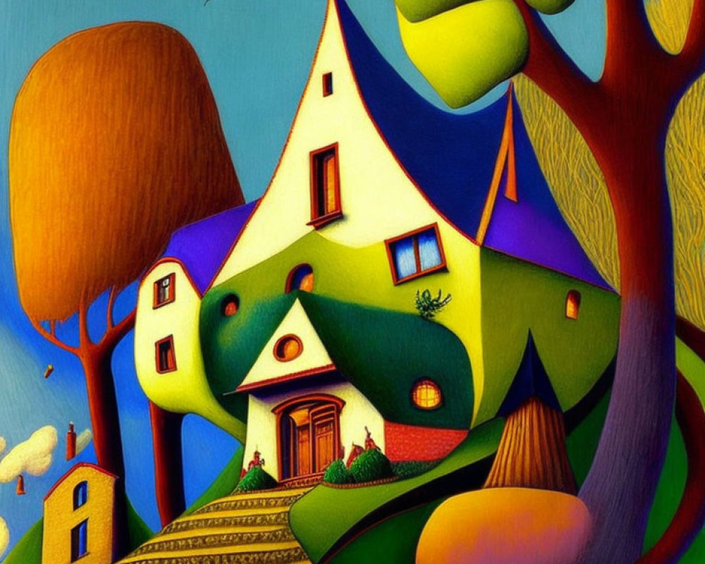 Whimsical, colorful painting of distorted fantasy house and vibrant landscape