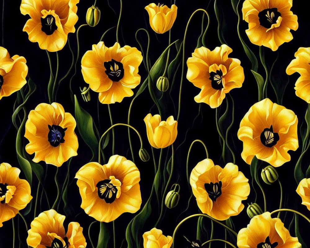 Yellow and Black Tulip Pattern on Dark Background