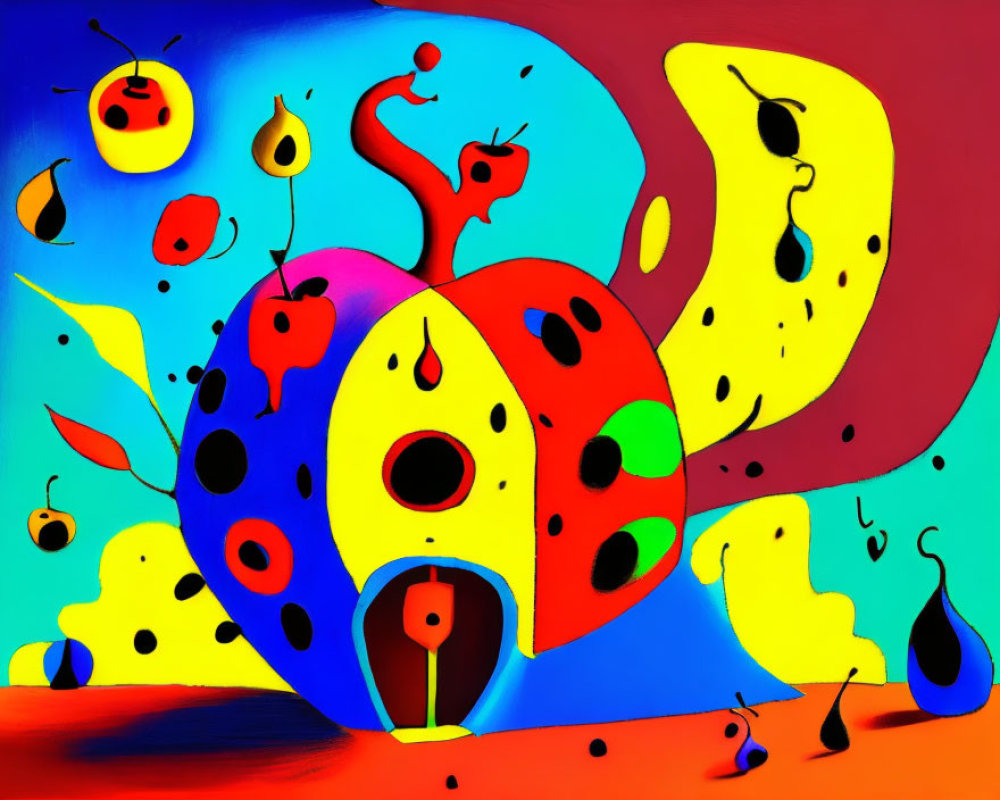 Colorful Abstract Painting with Cheese-like Shapes and Cherries-inspired Elements