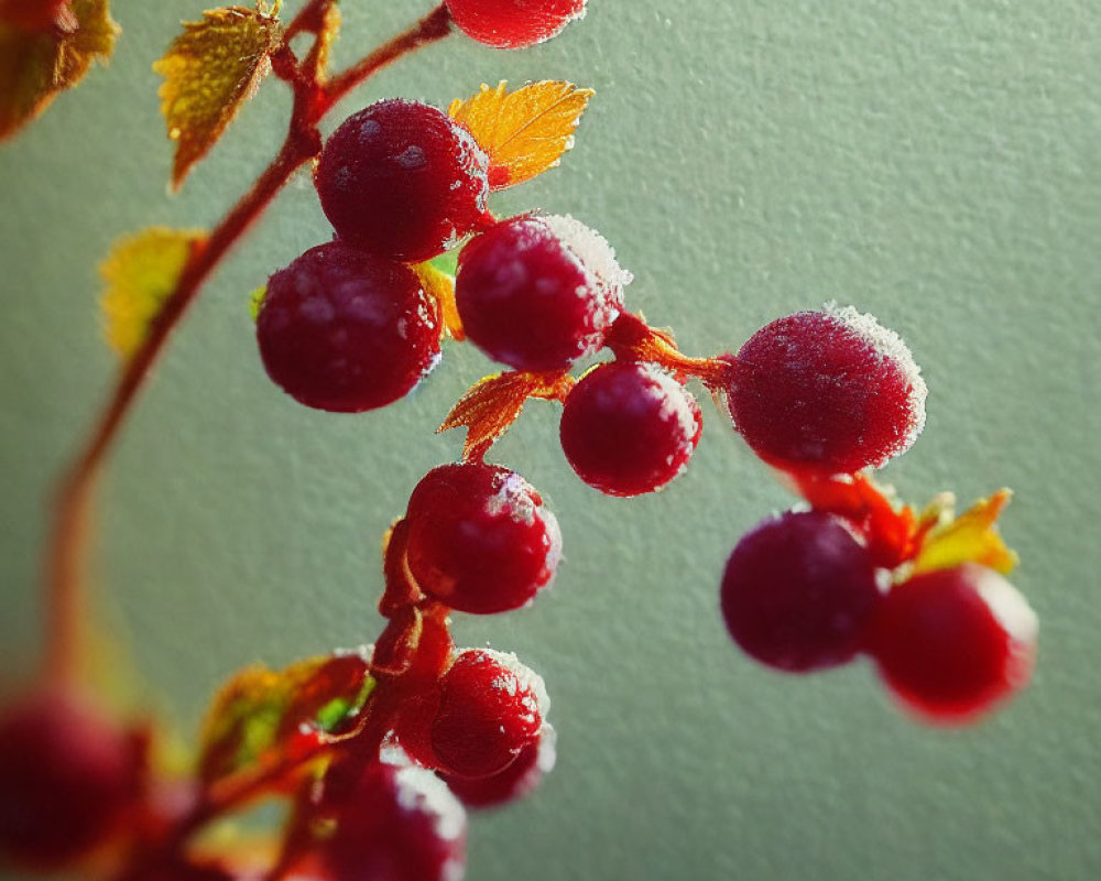 Macro photograph of dew-covered red berries on branch with small leaves in soft backlight