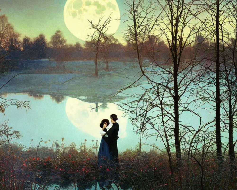 Romantic vintage-style painting of couple embracing by tranquil lake