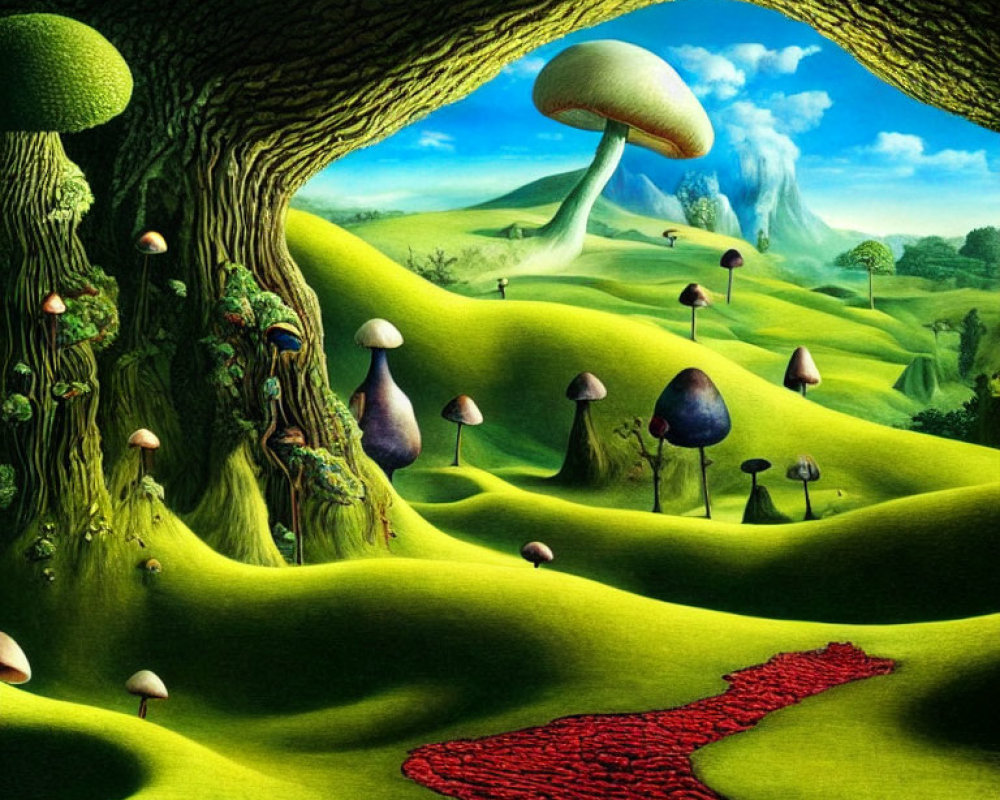 Surreal landscape with green hills, oversized mushrooms, red path