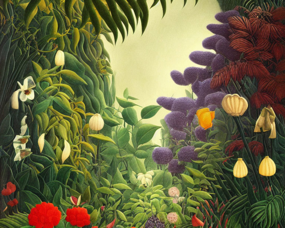 Botanical illustration of lush jungle with colorful foliage & flowers
