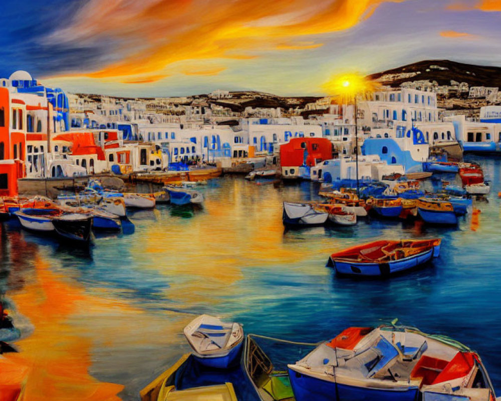 Colorful Coastal Town Sunset Painting with Buildings and Boats