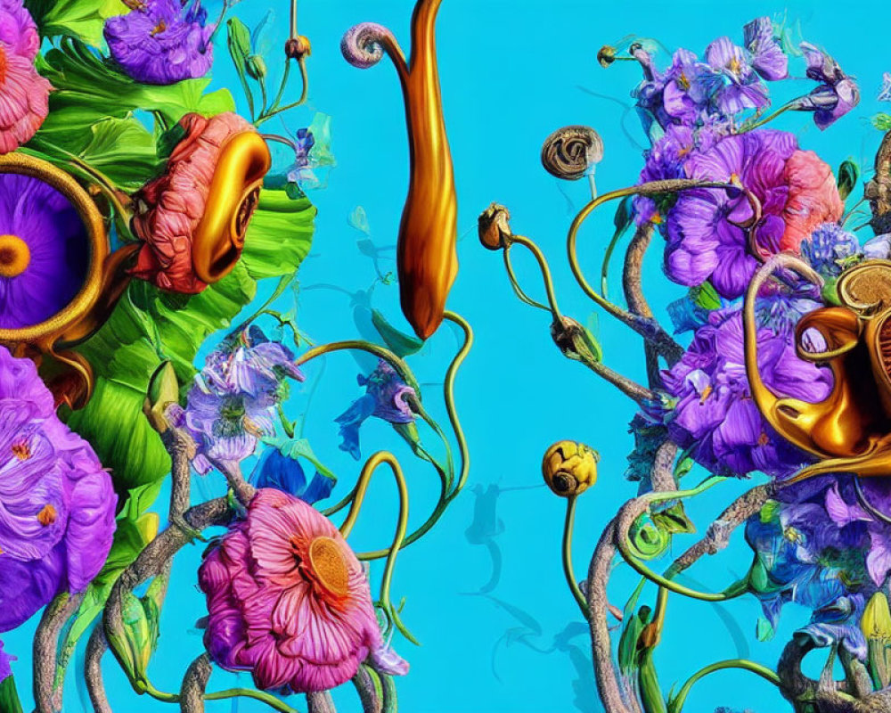 Colorful Flowers and Gold Elements on Blue Background